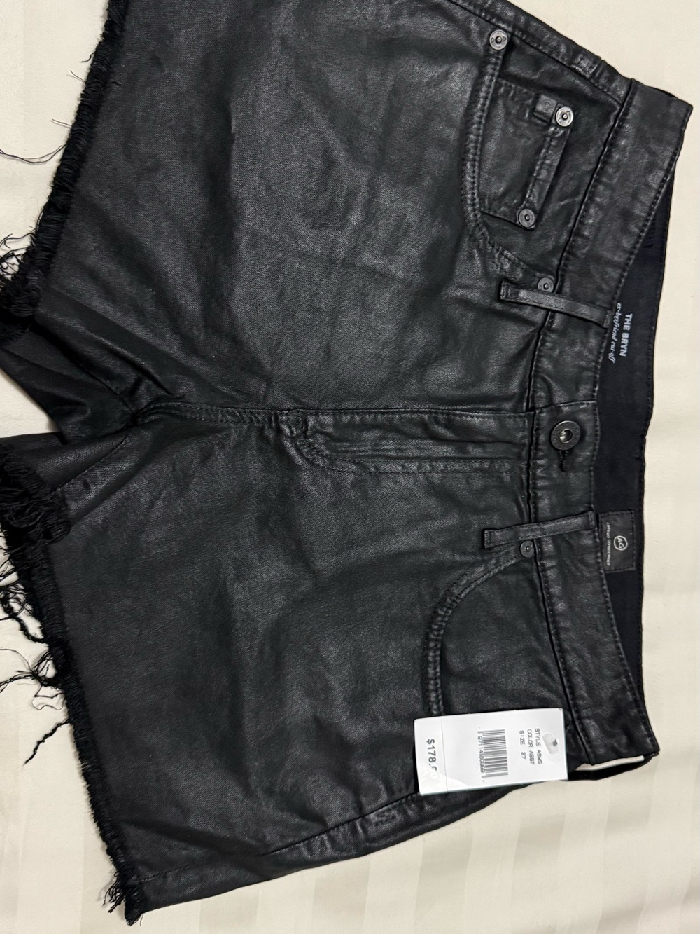 AG Adriano Goldschmied Black Coated Denim Cutoff Shorts